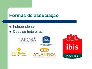 Formas de associação

   Independente
   Cadeias hoteleiras
 