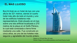  EL MAS LUJOSO
Burj Al Arab es un hotel de lujo con una
altura de 321 metros, siendo el cuarto
hotel más alto de todo el mundo y uno
de los edificios hoteleros más
representativos. Está situado en el mar,
sobre una isla artificial localizada a 270
metros de la playa en el Golfo Pérsico,
la cual está conectada a tierra firme
mediante una calle. Fue construido en
cinco años, es uno de los hoteles más
seguros y agradable del mundo entero.
Figura 111: El hotel Burj Al Arab
Fuente: https://www.disfrutadubai.com/hotel-burj-al-arab
 