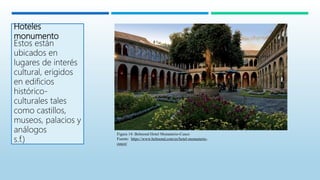 Hoteles
monumento
Estos están
ubicados en
lugares de interés
cultural, erigidos
en edificios
histórico-
culturales tales
como castillos,
museos, palacios y
análogos
s.f.)
Figura 14: Belmond Hotel Monasterio-Cusco
Fuente: https://www.belmond.com/es/hotel-monasterio-
cusco/
 