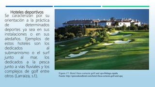 Hoteles deportivos
Se caracterizan por su
orientación a la práctica
de determinados
deportes ya sea en sus
instalaciones o en sus
aledaños. Ejemplos de
estos hoteles son los
dedicados al
submarinismo o el surf
junto al mar, los
dedicados a la pesca
junto a vías fluviales y los
complejos de golf entre
otros (Larraiza, s.f.).
Figura 17: Hotel finca cortesín golf and spa-Malaga españa
Fuente: http://spaweekendhotel.com/hotel-finca-cortesin-golf-and-spa/
 