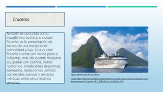 Cruceros
También es conocido como
trasatlántico turístico o ciudad
flotante, es la presentación de
barcos de una excepcional
comodidad y lujo. Una ciudad
flotante cuenta con varios pisos o
cubiertas, más del puente magistral
equipadas con casinos, clubes
nocturnos, instalaciones deportivas,
balnearios, restaurantes, centros
comerciales, bancos y servicios
médicos, entre otros muchos
servicios.
Figura 38: Oceania Cruises-Peru
Fuente: http://todocruceros.online/cruceros/reservar-oceania-cruises-sirena-de-lima-peru-a-rio-
de-janeiro-brasil-33-noches-OCE_SIR190316A_20190316_UID
 