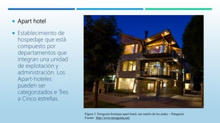  Apart hotel
 Establecimiento de
hospedaje que está
compuesto por
departamentos que
integran una unidad
de explotación y
administración. Los
Apart-hoteles
pueden ser
categorizados e Tres
a Cinco estrellas.
Figura 3: Erragonia boutique apart hotel, san martín de los andes – Patagonia
Fuente: http://www.terragonia.net/
 