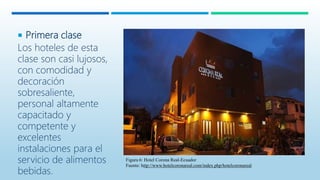  Primera clase
Los hoteles de esta
clase son casi lujosos,
con comodidad y
decoración
sobresaliente,
personal altamente
capacitado y
competente y
excelentes
instalaciones para el
servicio de alimentos
bebidas.
Figura 6: Hotel Corona Real-Ecuador
Fuente: http://www.hotelcoronareal.com/index.php/hotelcoronareal
 