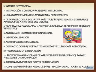 1, INTERÉS. MOTIVACIÓN.

2, INTERACCIÓN. CONTINUA ACTIVIDAD INTELECTUAL.

3, LOS ALUMNOS A MENUDO APRENDEN EN MENOS TIEMPO.

4, DESARROLLO DE LA INICIATIVA. MÚLTIPLES PERSPECTIVAS E 5, ITINERARIOS.
APRENDIZAJE A PARTIR DE LOS ERRORES.

5, FACILITAN LA EVALUACIÓN Y CONTROL. LIBERAN AL PROFESOR DE TRABAJOS
REPETITIVOS.

6, ALTO GRADO DE INTERDISCIPLINARIEDAD.

7, INDIVIDUALIZACIÓN.

8, ACTIVIDADES COOPERATIVAS.

9, CONTACTO CON LAS NUEVAS TECNOLOGÍAS Y EL LENGUAJE AUDIOVISUAL .

10, PROPORCIONAN INFORMACIÓN.

11, PROPORCIONAN ENTORNOS DE APRENDIZAJE E INSTRUMENTOS PARA EL
PROCESO DE LA INFORMACIÓN.

12 PUEDEN ABARATAR LOS COSTES DE FORMACIÓN.

13, CONSTITUYEN UN BUEN MEDIO DE INVESTIGACIÓN DIDÁCTICA EN EL AULA.
 