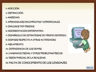 1, ADICCIÓN.

2, DISTRACCIÓN.

3, ANSIEDAD.

4, APRENDIZAJES INCOMPLETOS Y SUPERFICIALES.

5, DIÁLOGOS MUY RÍGIDOS.

6, DESORIENTACIÓN INFORMATIVA.

7, DESARROLLO DE ESTRATEGIAS DE MÍNIMO ESFUERZO.

8, DESFASES RESPECTO A OTRAS ACTIVIDADES.

9, AISLAMIENTO.

10, DEPENDENCIA DE LOS DEMÁS.

11, CANSANCIO VISUAL Y OTROS PROBLEMAS FÍSICOS.

12, VISIÓN PARCIAL DE LA REALIDAD.

13, FALTA DE CONOCIMIENTO DE LOS LENGUAJES.
 