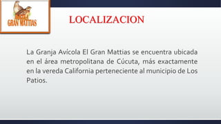LOCALIZACION
La Granja Avícola El Gran Mattias se encuentra ubicada
en el área metropolitana de Cúcuta, más exactamente
en la vereda California perteneciente al municipio de Los
Patios.
 