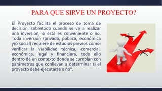 PARA QUE SIRVE UN PROYECTO?
El Proyecto facilita el proceso de toma de
decisión, sobretodo cuando se va a realizar
una inversión, si esta es conveniente o no.
Toda inversión (privada, pública, económica
y/o social) requiere de estudios previos como:
verificar la viabilidad técnica, comercial,
económica, legal y financiera, todo ello
dentro de un contexto donde se cumplan con
parámetros que conlleven a determinar si el
proyecto debe ejecutarse o no".
 