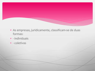  As empresas, juridicamente, classificam-se de duas
formas:
 - individuais
 - coletivas
 