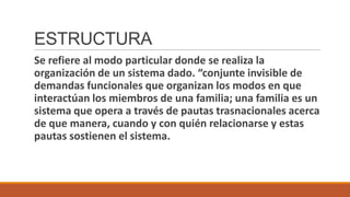 ESTRUCTURA
Se refiere al modo particular donde se realiza la
organización de un sistema dado. “conjunte invisible de
demandas funcionales que organizan los modos en que
interactúan los miembros de una familia; una familia es un
sistema que opera a través de pautas trasnacionales acerca
de que manera, cuando y con quién relacionarse y estas
pautas sostienen el sistema.

 