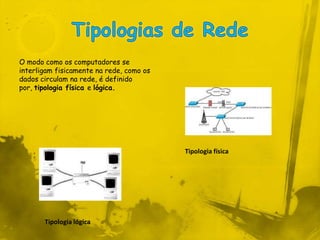 Tipologias de RedeO modo como os computadores se interligam fisicamente na rede, como os dados circulam na rede, é definido por, tipologia física e lógica.Tipologia físicaTipologia lógica