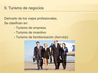 9. Turismo de negocios

Derivado de los viajes profesionales.
Se clasifican en:
      - Turismo de empresa
      - Turismo de incentivo
      - Turismo de familiarización (fam-trip)
 