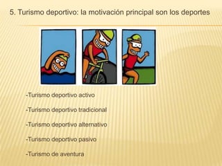 5. Turismo deportivo: la motivación principal son los deportes




     -Turismo deportivo activo

     -Turismo deportivo tradicional

     -Turismo deportivo alternativo

     -Turismo deportivo pasivo

     -Turismo de aventura
 
