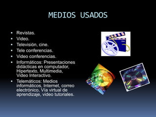 MEDIOS USADOS
 Revistas.
 Video.
 Televisión, cine.
 Tele conferencias.
 Video conferencias.
 Informáticos: Presentaciones
  didácticas en computador,
  Hipertexto, Multimedia,
  Video Interactivo.
 Telemáticos: Medios
  informáticos, Internet, correo
  electrónico, Vía virtual de
  aprendizaje, video tutoriales.
 