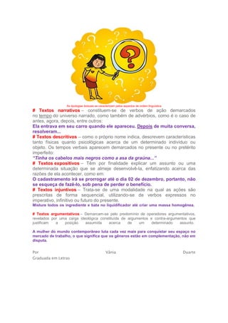 As tipologias textuais se caracterizam pelos aspectos de ordem linguística
# Textos narrativos – constituem-se de verbos de ação demarcados
no tempo do universo narrado, como também de advérbios, como é o caso de
antes, agora, depois, entre outros:
Ela entrava em seu carro quando ele apareceu. Depois de muita conversa,
resolveram...
# Textos descritivos – como o próprio nome indica, descrevem características
tanto físicas quanto psicológicas acerca de um determinado indivíduo ou
objeto. Os tempos verbais aparecem demarcados no presente ou no pretérito
imperfeito:
“Tinha os cabelos mais negros como a asa da graúna...”
# Textos expositivos – Têm por finalidade explicar um assunto ou uma
determinada situação que se almeje desenvolvê-la, enfatizando acerca das
razões de ela acontecer, como em:
O cadastramento irá se prorrogar até o dia 02 de dezembro, portanto, não
se esqueça de fazê-lo, sob pena de perder o benefício.
# Textos injuntivos – Trata-se de uma modalidade na qual as ações são
prescritas de forma sequencial, utilizando-se de verbos expressos no
imperativo, infinitivo ou futuro do presente.
Misture todos os ingrediente e bata no liquidificador até criar uma massa homogênea.
# Textos argumentativos – Demarcam-se pelo predomínio de operadores argumentativos,
revelados por uma carga ideológica constituída de argumentos e contra-argumentos que
justificam a posição assumida acerca de um determinado assunto.
A mulher do mundo contemporâneo luta cada vez mais para conquistar seu espaço no
mercado de trabalho, o que significa que os gêneros estão em complementação, não em
disputa.
Por Vânia Duarte
Graduada em Letras
 