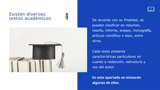 Existen diversos
textos académicos De acuerdo con su finalidad, se
pueden clasificar en resumen,
reseña, informe, ensayo, monografía,
artículo científico o tesis, entre
otros.
Cada texto presenta
características particulares en
cuanto a redacción, estructura y
voz del autor.
En este apartado se revisarán
algunas de ellas.
 