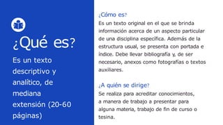 ¿Cómo es?
Es un texto original en el que se brinda
información acerca de un aspecto particular
de una disciplina específica. Además de la
estructura usual, se presenta con portada e
índice. Debe llevar bibliografía y
, de ser
necesario, anexos como fotografías o textos
auxiliares.
¿Qué es?
Es un texto
descriptivo y
analítico, de
mediana
extensión (20-60
páginas)
¿A quién se dirige?
Se realiza para acreditar conocimientos,
a manera de trabajo a presentar para
alguna materia, trabajo de fin de curso o
tesina.
 