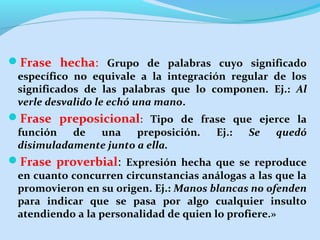 Frase hecha: Grupo de palabras cuyo significado

específico no equivale a la integración regular de los
significados de las palabras que lo componen. Ej.: Al
verle desvalido le echó una mano.

Frase preposicional: Tipo de frase que ejerce la
función
de
una
preposición.
disimuladamente junto a ella.

Ej.:

Se

quedó

Frase proverbial: Expresión hecha que se reproduce

en cuanto concurren circunstancias análogas a las que la
promovieron en su origen. Ej.: Manos blancas no ofenden
para indicar que se pasa por algo cualquier insulto
atendiendo a la personalidad de quien lo profiere.»

 
