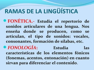 RAMAS DE LA LINGÜÍSTICA
FONÉTICA.- Estudia el repertorio de
sonidos articulares de una lengua. Nos
enseña donde se producen, como se
articulan, el tipo de sonidos: vocales,
consonantes, formación de sílabas, etc.

FONOLOGÍA:

Estudia
las
características de los elementos fónicos
(fonemas, acentos, entonación) en cuanto
sirvan para diferenciar el contenido.

 