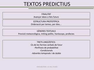 TEXTOS PREDICTIUS
FINALITAT
Avançar idees o fets futurs

ESTRUCTURA PROTOTÍPICA
Ordenació per temes, per dies...
GÈNERES TEXTUALS
Previsió meteorològica, míting polític, horòscops, profecies

TRETS LINGÜÍSTICS:
-Ús de les formes verbals de futur
-Perífrasis de probabilitat
-Condicionals
-Adverbis temporals i de dubte

XIMO BELTRAN - LA VALL D'UIXÓ

 