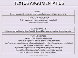 TEXTOS ARGUMENTATIUS
FINALITAT
Donar una opinió o intentar convéncer el receptor utilitzant arguments

ESTRUCTURA PROTOTÍPICA
Tesi – arguments i contraarguemnts– conclusió
Anècdota – reflexió - tesi
GÈNERES TEXTUALS
Columna periodística, article d’opinió, debat, bloc, ressenya, crítica cinematogràfica

TRETS LINGÜÍSTICS:
-Aparició de díctics de 1a persona
- Verbs que expressen opinió: pense, opine, considere
- Ús d’elements modalitzadors: adjectius i substantius valoratius, adverbis quantitatius i
de manera, exclamacions, perífrasis
- Figures retòriques: ironia, comparació, preguntes retòriques
-Exemplificació i arguments d’autoritat, quantitat o qualitat
- Incisos i connectors de causa i conseqüència
XIMO BELTRAN - LA VALL D'UIXÓ

 