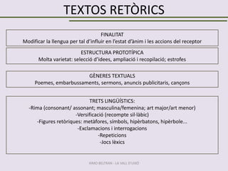 TEXTOS RETÒRICS
FINALITAT
Modificar la llengua per tal d’influir en l’estat d’ànim i les accions del receptor

ESTRUCTURA PROTOTÍPICA
Molta varietat: selecció d’idees, ampliació i recopilació; estrofes
GÈNERES TEXTUALS
Poemes, embarbussaments, sermons, anuncis publicitaris, cançons
TRETS LINGÜÍSTICS:
-Rima (consonant/ assonant; masculina/femenina; art major/art menor)
-Versificació (recompte sil·làbic)
-Figures retòriques: metàfores, símbols, hipèrbatons, hipèrbole...
-Exclamacions i interrogacions
-Repeticions
-Jocs lèxics

XIMO BELTRAN - LA VALL D'UIXÓ

 