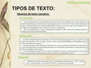 TIPOS DE TEXTO:
Géneros de texto narrativo:
©Thera
2012
Autobiografia:
Bibliografia:
Biografia:
Géneros narrativos
 