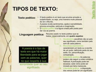 TIPOS DE TEXTO:
Texto
lírico
©Thera
2012
Texto poético: • O texto poético é um texto que envolve emoção e
subjetividade, ou seja, uma maneira muito pessoal
de ver o Mundo.
• A poesia revela sentimentos, apela à sensibilidade,
provoca emoções, estimula a imaginação.
• O sujeito poético é a figura criada pelo poeta para
dar voz ao poema.
Linguagem poética: Recurso usado no texto poético que se
traduz, essencialmente, em quatro aspetos:
1. Vocabulário-escolhido não só pelo
seu significado, como também pelo
som de cada palavra.
2. Recursos expressivos-
caracterizam um texto ou a escrita
de um autor, definindo parte do seu
estilo. Ex: personificação,
comparação,
3. Liberdade poética- As palavras
podem não seguir a ordem sintática
habitual. A pontuação pode ser
escassa; cada verso pode ser
iniciado por letra maiúscula.
4. Liberdade gráfica- a disposição
dos versos pode ter um significado
A poesia é o tipo de
texto em que há maior
liberdade para se jogar
com as palavras, quer
no que respeita à sua
sonoridade quer ao seu
significado.
 