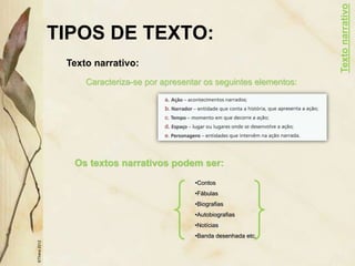 TIPOS DE TEXTO:
Texto narrativo:
Os textos narrativos podem ser:
©Thera
2012
Caracteriza-se por apresentar os seguintes elementos:
•Contos
•Fábulas
•Biografias
•Autobiografias
•Notícias
•Banda desenhada etc.
Texto
narrativo
 