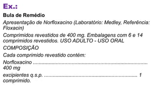 Ex.:
Bula de Remédio
Apresentação de Norfloxacino (Laboratório: Medley, Referência:
Floxacin)
Comprimidos revestidos de 400 mg. Embalagens com 6 e 14
comprimidos revestidos. USO ADULTO - USO ORAL
COMPOSIÇÃO
Cada comprimido revestido contém:
Norfloxacino ................................................................................
400 mg
excipientes q.s.p. ................................................................. 1
comprimido.
 