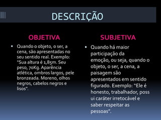 DESCRIÇÃO
        OBJETIVA                        SUBJETIVA
 Quando o objeto, o ser, a        Quando há maior
  cena, são apresentadas no         participação da
  seu sentido real. Exemplo:
  "Sua altura é 1,85m. Seu          emoção, ou seja, quando o
  peso, 70Kg. Aparência             objeto, o ser, a cena, a
  atlética, ombros largos, pele     paisagem são
  bronzeada. Moreno, olhos          apresentados em sentido
  negros, cabelos negros e          figurado. Exemplo: “Ele é
  lisos".
                                    honesto, trabalhador, poss
                                    ui caráter irretocável e
                                    saber respeitar as
                                    pessoas”.
 