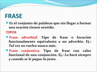 FRASE
Es el conjunto de palabras que sin llegar a formar
  una oración tienen sentido.
TIPOS
Frase adverbial: Tipo de frase o locución
  funcionalmente equivalente a un adverbio. Ej.:
  Tal vez no vuelva nunca más.
Frase conjuntiva: Tipo de frase con valor
  funcional de una conjunción. Ej.: Lo hará siempre
  y cuando se le pague lo justo.
 