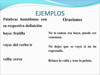 EJEMPLOS
Palabras homófonas con               Oraciones
su respectiva definición
baya: frutilla             No te comas esa baya, puede ser
                           venenosa.

vaya: del verbo ir         No dejes que se vaya si no he
                           regresado.

valla: cerca               Brinca la valla y trae la pelota.
 