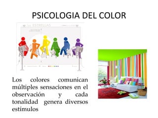 PSICOLOGIA DEL COLOR Los colores comunican múltiples sensaciones en el observación y cada tonalidad  genera diversos estímulos 