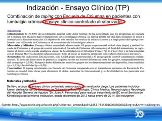 Indización - Ensayo Clínico (TP)
Combinación de taping con Escuela de Columna en pacientes con
lumbalgia crónica: ensayo c...