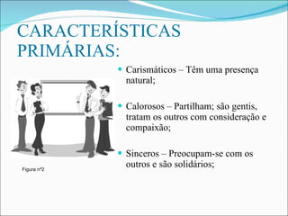 Carismáticos – Têm uma presença natural; Calorosos – Partilham; são gentis, tratam os outros com consideração e compaixão; Sinceros – Preocupam-se com os outros e são solidários; CARACTERÍSTICAS PRIMÁRIAS: Figura nº2 