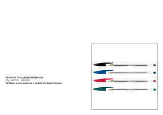 BIC® CRYSTAL PEN (LAZLO AND GEORGE BIRO 1950) 
TECH / ARCHETYPAL · FUNCTIONAL 
The BIC pen is an iconic invention due to the genius of the ballpoint mechanism  