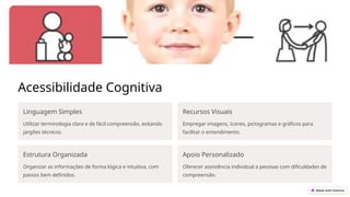 Acessibilidade Cognitiva
Linguagem Simples
Utilizar terminologia clara e de fácil compreensão, evitando
jargões técnicos.
Recursos Visuais
Empregar imagens, ícones, pictogramas e gráficos para
facilitar o entendimento.
Estrutura Organizada
Organizar as informações de forma lógica e intuitiva, com
passos bem definidos.
Apoio Personalizado
Oferecer assistência individual a pessoas com dificuldades de
compreensão.
 