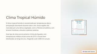 Clima Tropical Húmido
O clima tropical húmido é caracterizado por temperaturas altas e
precipitação abundante durante todo o ano. Essas regiões são
marcadas por uma densa vegetação, como a floresta amazônica, com
árvores frondosas, arbustos e plantas rasteiras.
Esse tipo de clima ocorre próximo à linha do Equador, com
temperaturas médias anuais acima de 25°C e chuvas bem
distribuídas ao longo do ano, chegando a até 3.000 mm anuais.
 