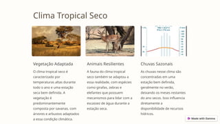 Clima Tropical Seco
Vegetação Adaptada
O clima tropical seco é
caracterizado por
temperaturas altas durante
todo o ano e uma estação
seca bem definida. A
vegetação é
predominantemente
composta por savanas, com
árvores e arbustos adaptados
a essa condição climática.
Animais Resilientes
A fauna do clima tropical
seco também se adaptou a
essa realidade, com espécies
como girafas, zebras e
elefantes que possuem
mecanismos para lidar com a
escassez de água durante a
estação seca.
Chuvas Sazonais
As chuvas nesse clima são
concentradas em uma
estação bem definida,
geralmente no verão,
deixando os meses restantes
do ano secos. Isso influencia
diretamente a
disponibilidade de recursos
hídricos.
 