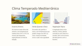 Clima Temperado Mediterrânico
Inverno Ameno
Os invernos neste clima são
amenos, com temperaturas
médias entre 10°C e 15°C. As
chuvas são frequentes,
especialmente no final da
estação.
Verão Quente e Seco
Os verões são quentes e
secos, com temperaturas que
podem chegar aos 30°C ou
mais. A baixa humidade
torna o calor mais agradável.
Vegetação Típica
A vegetação típica inclui
oliveiras, vinhas, plantas
aromáticas como alecrim e
tomilho, bem como árvores
de folha perene como o
loureiro.
 