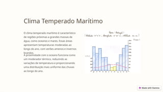 Clima Temperado Marítimo
O clima temperado marítimo é característico
de regiões próximas a grandes massas de
água, como oceanos e mares. Essas áreas
apresentam temperaturas moderadas ao
longo do ano, com verões amenos e invernos
brandos.
A proximidade com o oceano funciona como
um moderador térmico, reduzindo as
variações de temperatura e proporcionando
uma distribuição mais uniforme das chuvas
ao longo do ano.
 