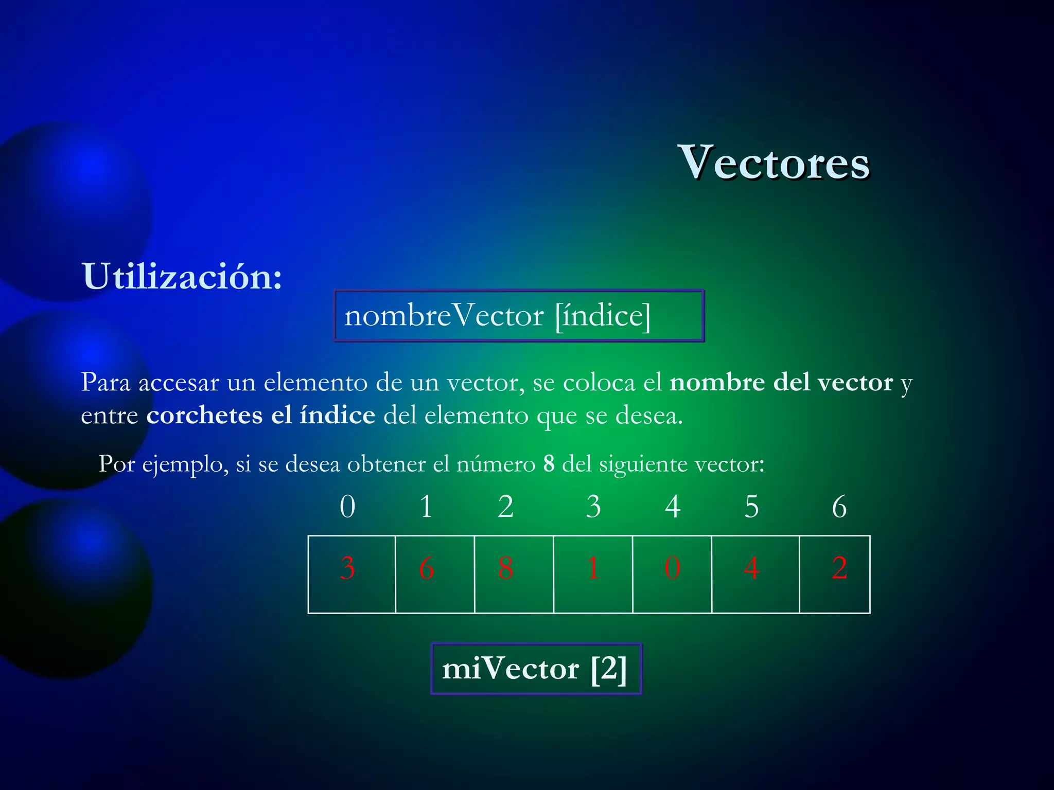 Utilización: nombreVector [índice] Para accesar un elemento de un vector, se coloca el  nombre del vector  y entre  corchetes el índice  del elemento que se desea. miVector [2] Vectores 3 6 8 1 0 4 2 0 1 2 3 4 5 6 Por ejemplo, si se desea obtener el número  8  del siguiente vector : 