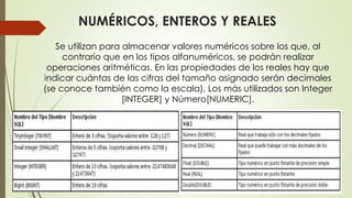 Se utilizan para almacenar valores numéricos sobre los que, al
contrario que en los tipos alfanuméricos, se podrán realizar
operaciones aritméticas. En las propiedades de los reales hay que
indicar cuántas de las cifras del tamaño asignado serán decimales
(se conoce también como la escala). Los más utilizados son Integer
[INTEGER] y Número[NUMERIC].
NUMÉRICOS, ENTEROS Y REALES
 