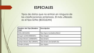 Tipos de datos que no entran en ninguna de
las clasificaciones anteriores. El más utilizado
es el tipo Sí/No [BOOLEAN]
ESPECIALES
 