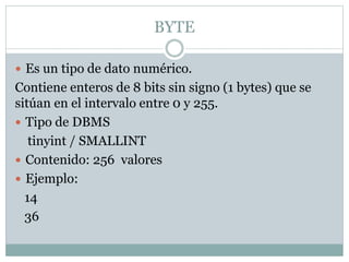 BYTE
 Es un tipo de dato numérico.
Contiene enteros de 8 bits sin signo (1 bytes) que se
sitúan en el intervalo entre 0 y 255.
 Tipo de DBMS
tinyint / SMALLINT
 Contenido: 256 valores
 Ejemplo:
14
36
 