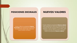 POSICIONES DECIMALES
Puede utilizar la propiedad lugares
decimales para especificar el número
de posiciones decimales utilizadas
para mostrar números.
NUEVOS VALORES
Puede utilizar la propiedad Nuevos valores
para especificar cómo se incrementan los
campos de tipo Autonumérico cuando se
agregan nuevos registros a una tabla. Sólo
campos de tipo Autonumérico pueden
utilizar la propiedad Nuevos valores .
 