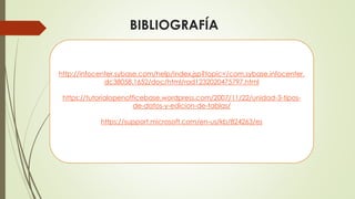 BIBLIOGRAFÍA
http://infocenter.sybase.com/help/index.jsp?topic=/com.sybase.infocenter.
dc38058.1652/doc/html/rad1232020475797.html
https://tutorialopenofficebase.wordpress.com/2007/11/22/unidad-3-tipos-
de-datos-y-edicion-de-tablas/
https://support.microsoft.com/en-us/kb/824263/es
 