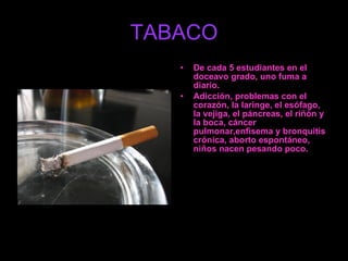 TABACO De cada 5 estudiantes en el doceavo grado, uno fuma a diario. Adicción, problemas con el corazón, la laringe, el esófago, la vejiga, el páncreas, el riñón y la boca, cáncer pulmonar,enfisema y bronquitis crónica, aborto espontáneo, niños nacen pesando poco. 
