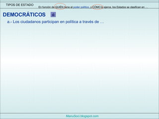 TIPOS DE ESTADO En función de QUIÉN tiene el  poder político , y CÓMO lo ejerce, los Estados se clasifican en …   ManuSoci...