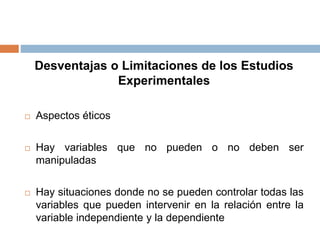 Desventajas o Limitaciones de los Estudios
Experimentales
 Aspectos éticos
 Hay variables que no pueden o no deben ser
manipuladas
 Hay situaciones donde no se pueden controlar todas las
variables que pueden intervenir en la relación entre la
variable independiente y la dependiente
 